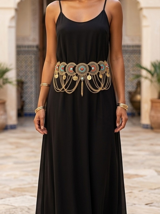 Accessories - Gold Medallion Waist Chain Belt with Turquoise and Coral Accents -